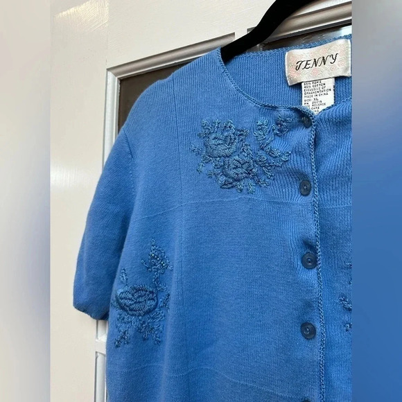 Vintage Jenny Floral Embroidery Beaded Blue Button Down Cardigan Sweater Size XL - Picture 3 of 9